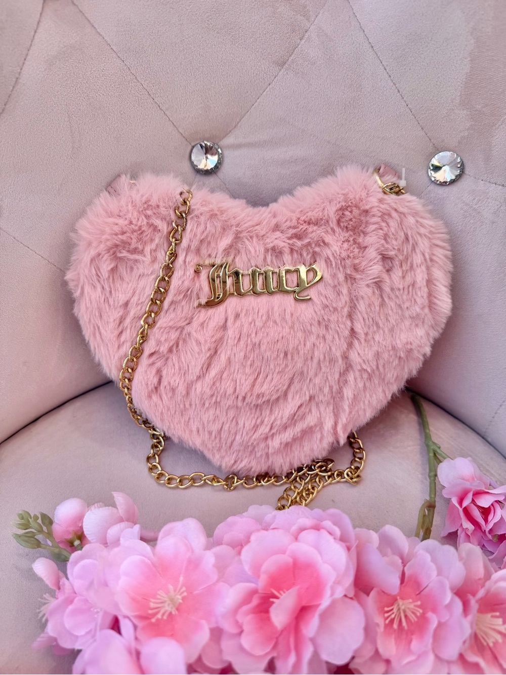 Juicy Couture Pink Heart Faux Fur Crossbody Bag with Gold Chain